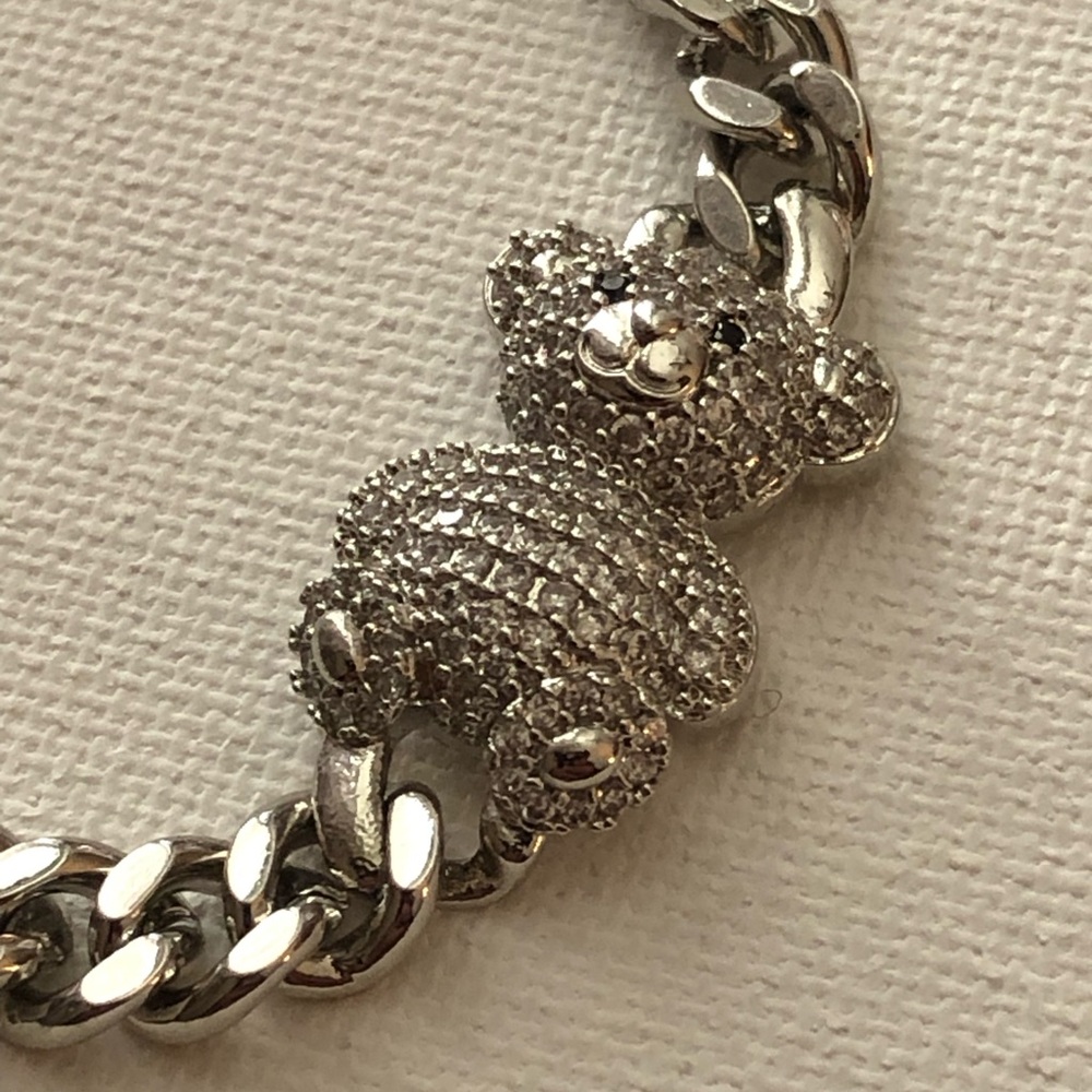 Pave Crystal Teddy Link Bracelet Silver Tone